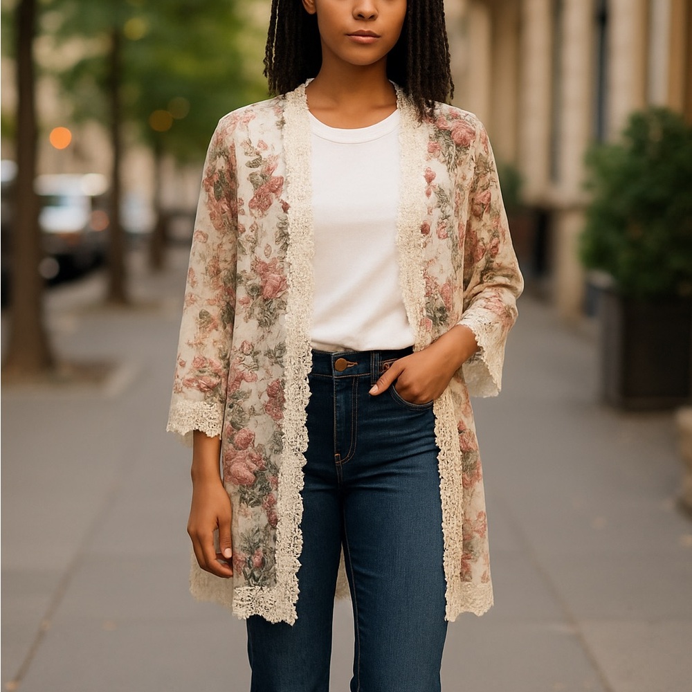 Jolie & Joy Cream and Pink Lace Jacket Open Front size XL - Picture 1 of 6